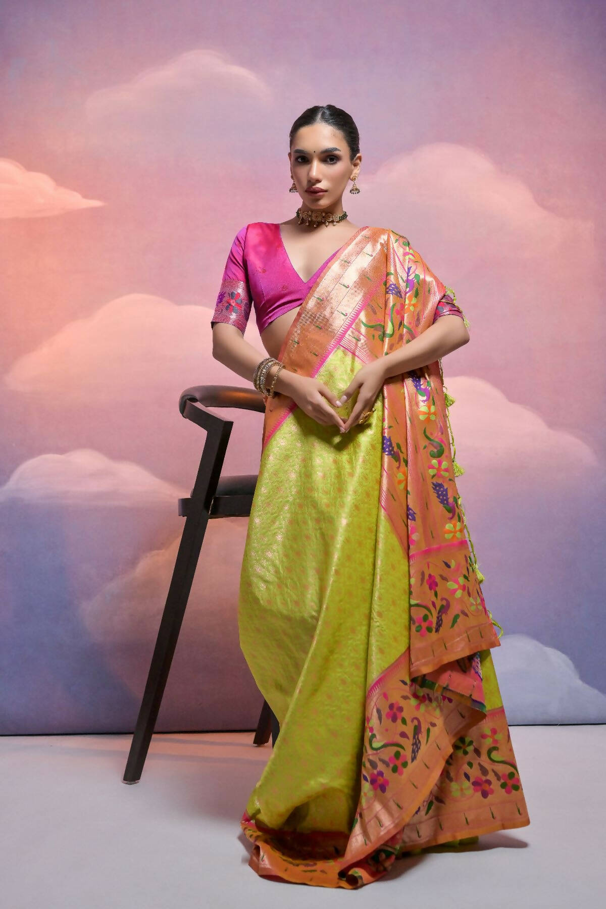 Vishnu Weaves Women's Mahendi Paithani Silk Zari Woven Saree with Blouse - Swadesiicart