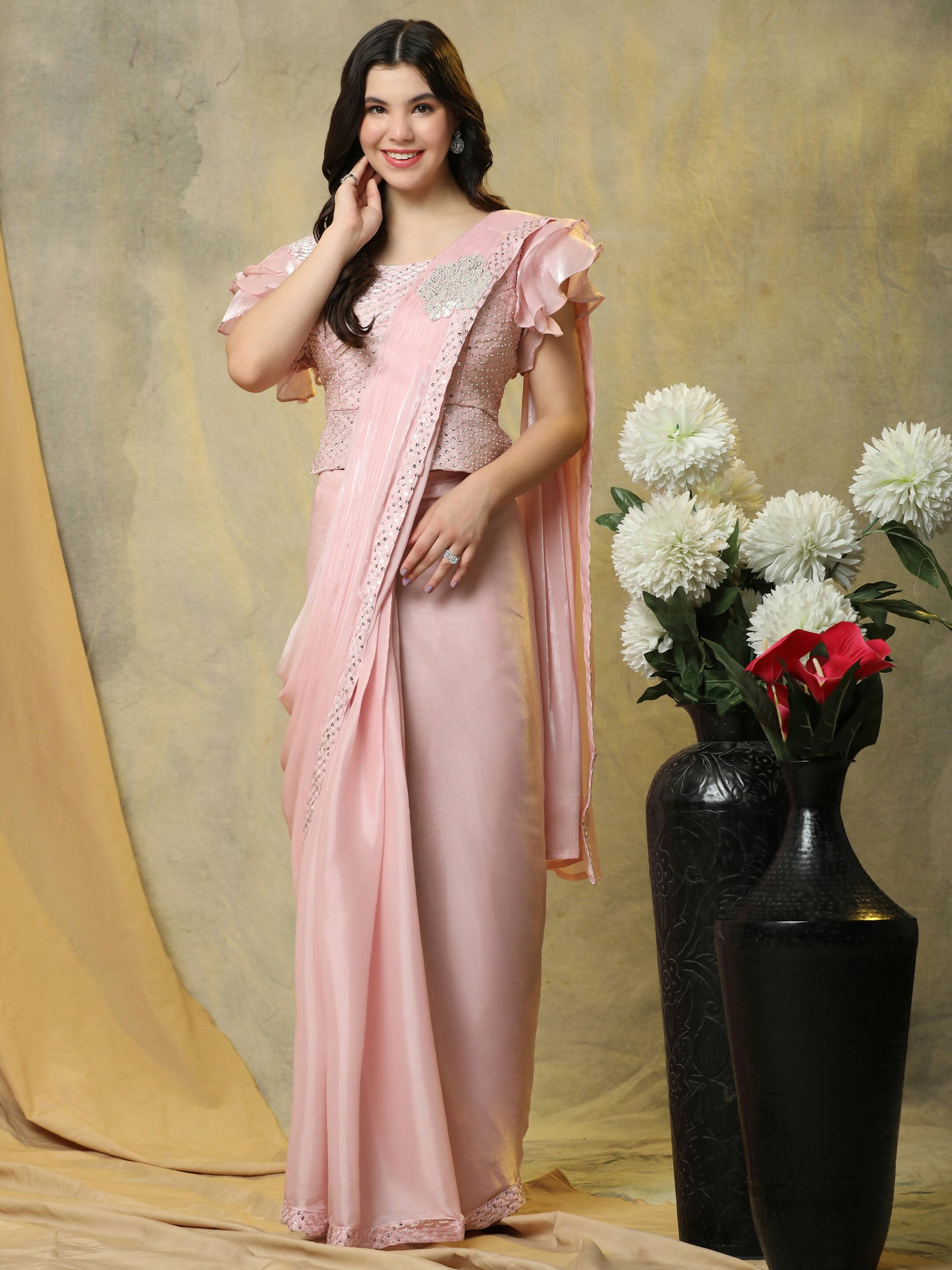 Pink Silk Satin Sequence Work Ready to Wear Saree with stitched Blouse - Nirvana | Swadesiicart