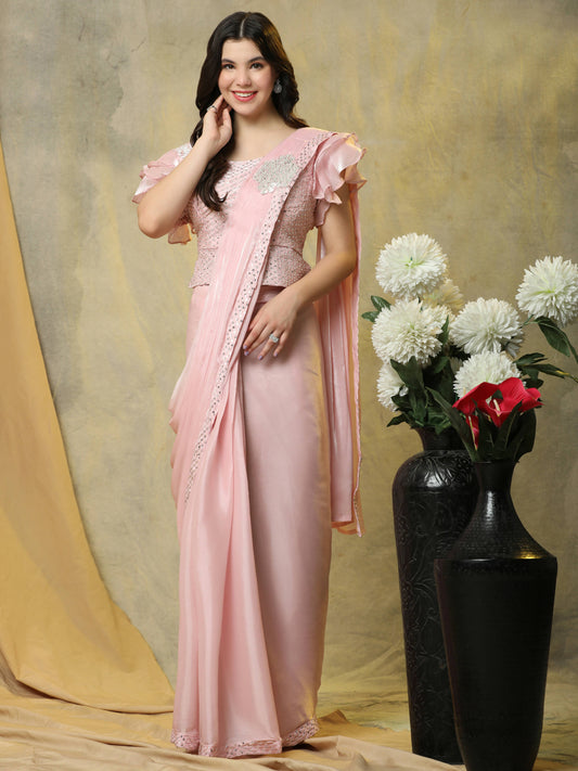 Pink Silk Satin Sequence Work Ready to Wear Saree with stitched Blouse - Nirvana | Swadesiicart