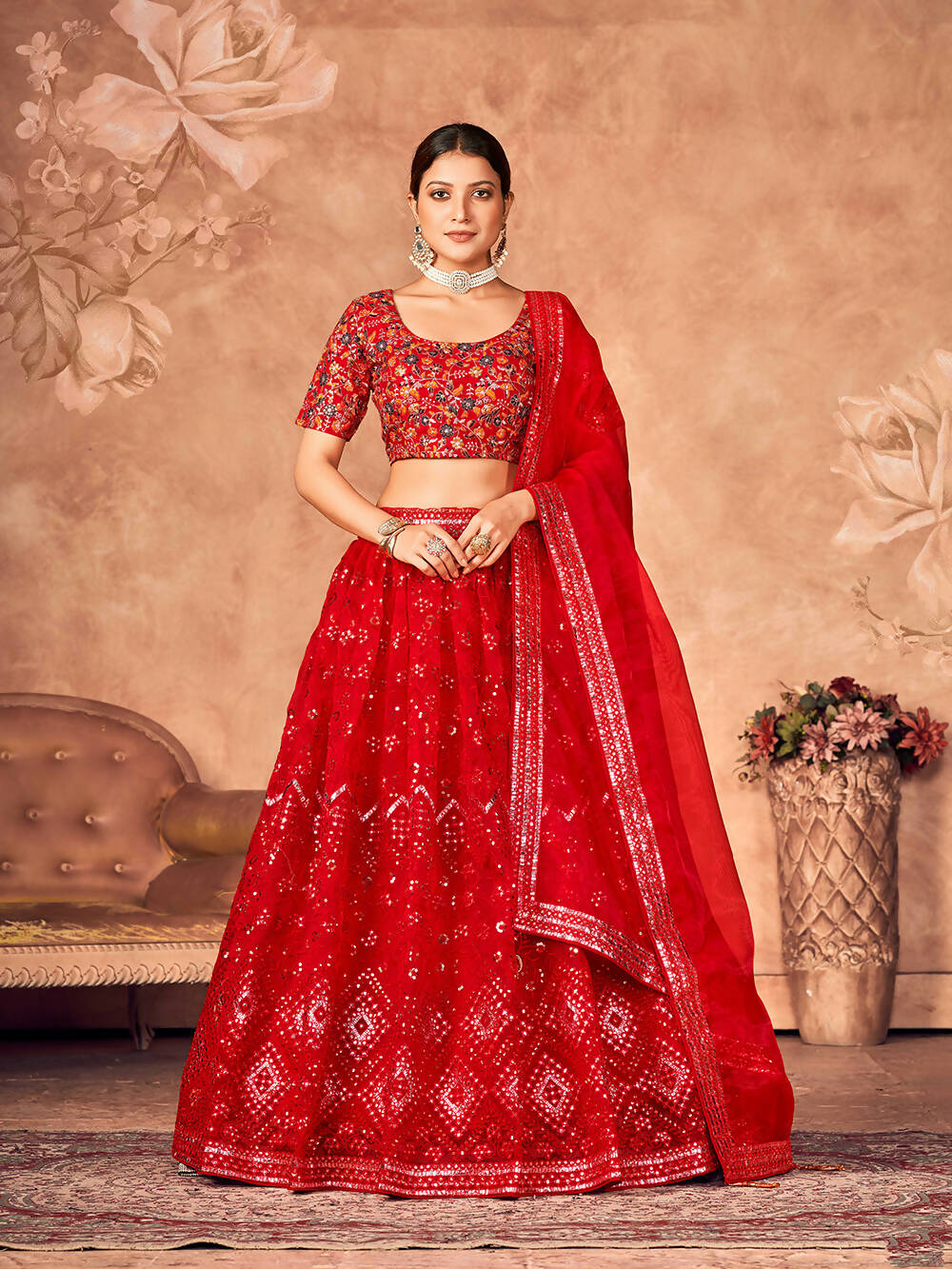 Wedding Designer Red Organzalehengha Choli - Anbazaar | Swadesiicart