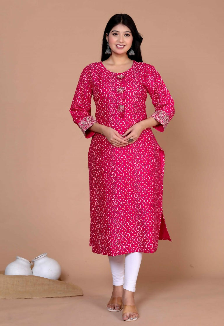 Miravan Women's Plus Size Pink Bandhani Pakistani Straight Kurti - Swadesiicart