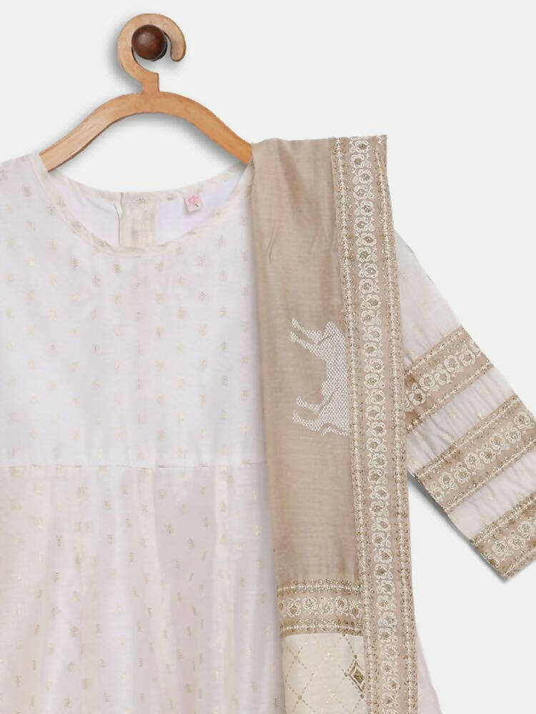 Ahalyaa Off White Chanderi Anarkali Kids Kurta With Dupatta For Girls | Swadesiicart