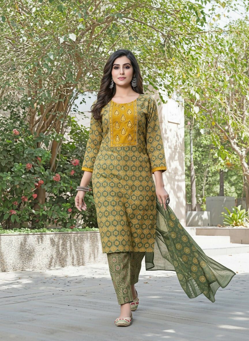 BulBul Aaliya Green Elegance Cotton Kurta Set with Embroidered Organza Dupatta - Swadesiicart