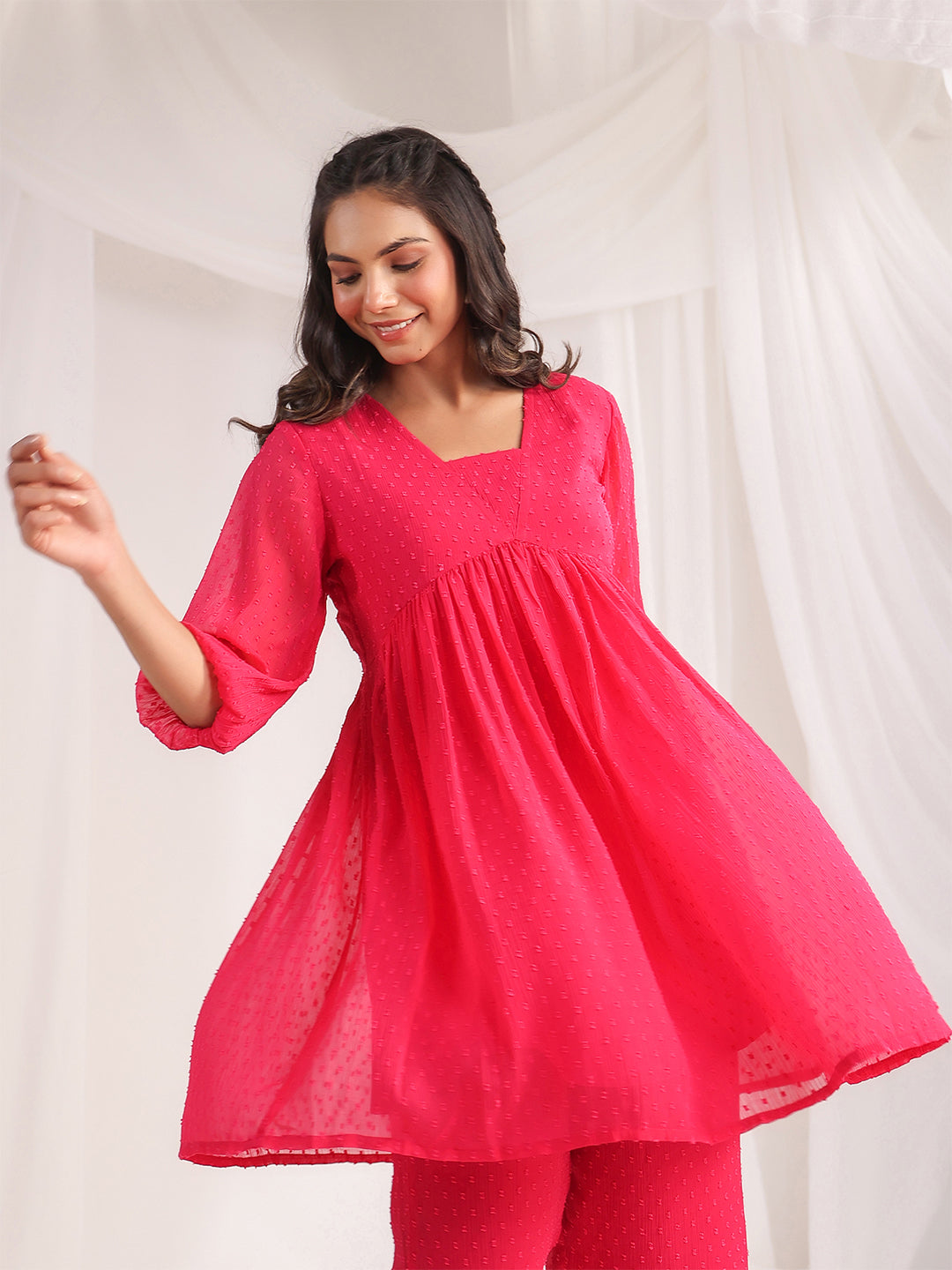Janasya From Style Master Dobby Georgette Self Design Gathered Top & Bottom Set | Swadesiicart