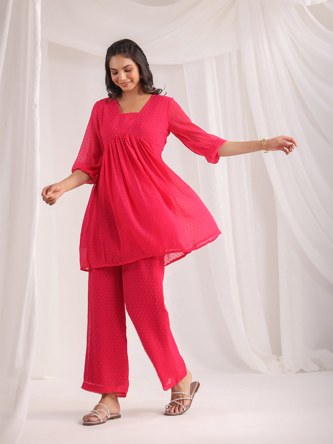 Janasya From Style Master Dobby Georgette Self Design Gathered Top & Bottom Set | Swadesiicart