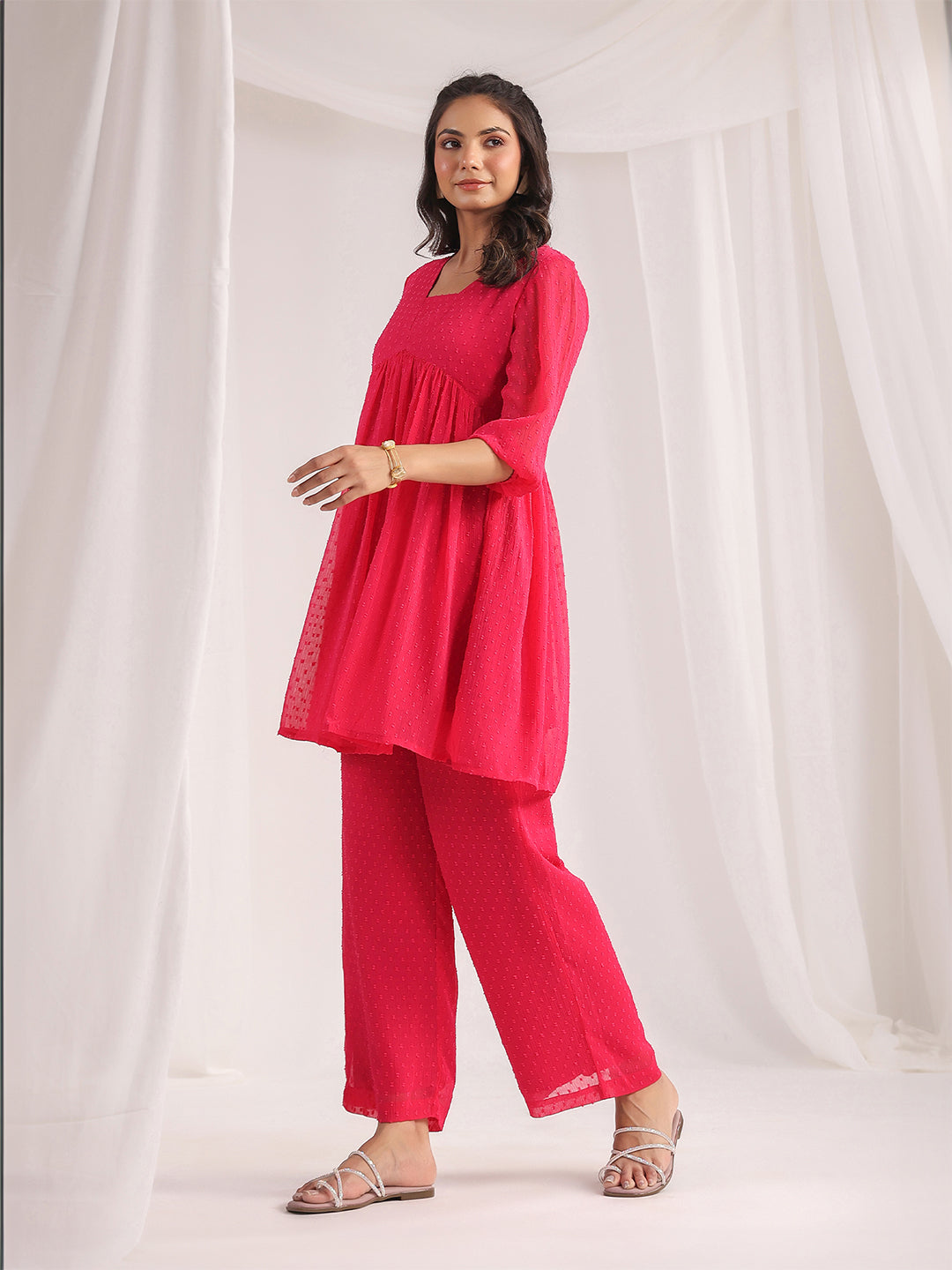 Janasya From Style Master Dobby Georgette Self Design Gathered Top & Bottom Set | Swadesiicart