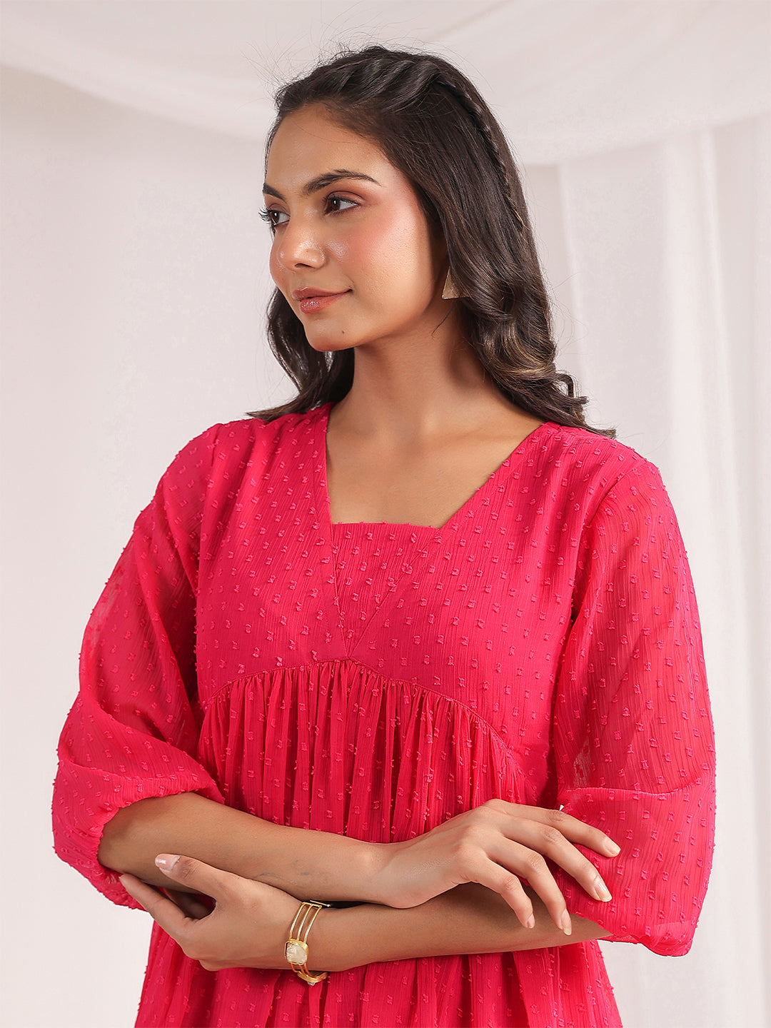 Janasya From Style Master Dobby Georgette Self Design Gathered Top & Bottom Set | Swadesiicart