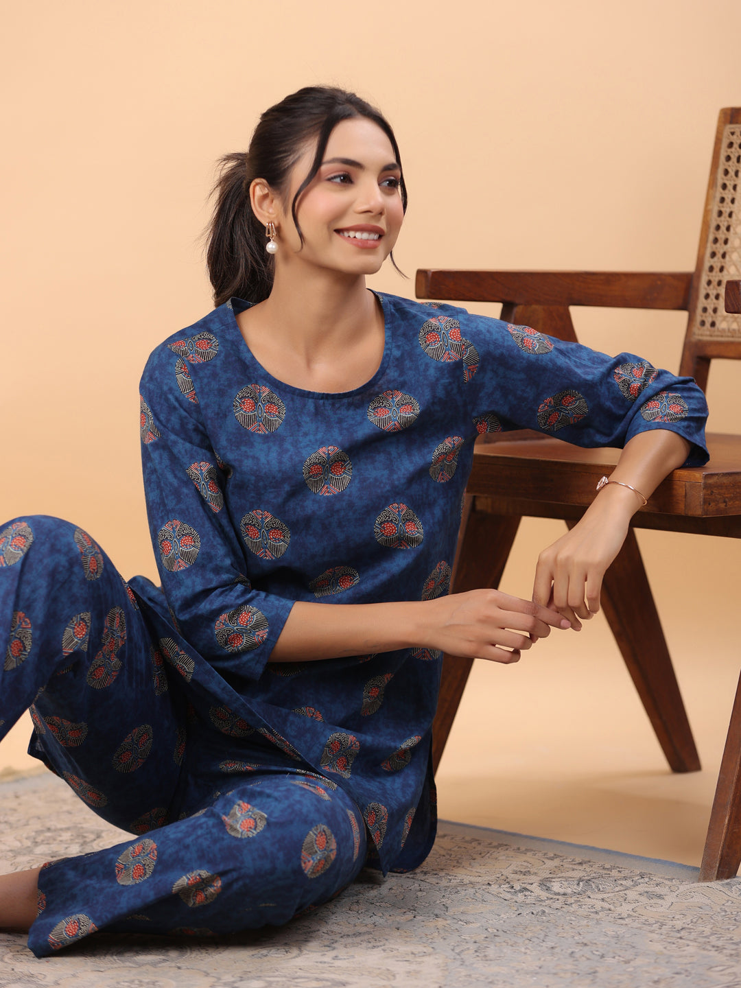 Janasya Straight Cambric Blue Tribal Round Neck Co-Ords - Swadesiicart