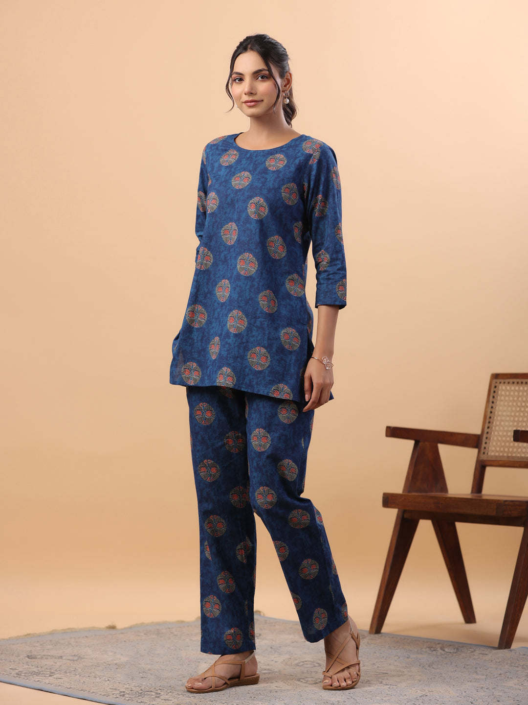 Janasya Straight Cambric Blue Tribal Round Neck Co-Ords - Swadesiicart