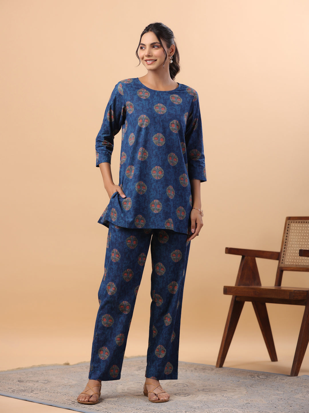 Janasya Straight Cambric Blue Tribal Round Neck Co-Ords - Swadesiicart
