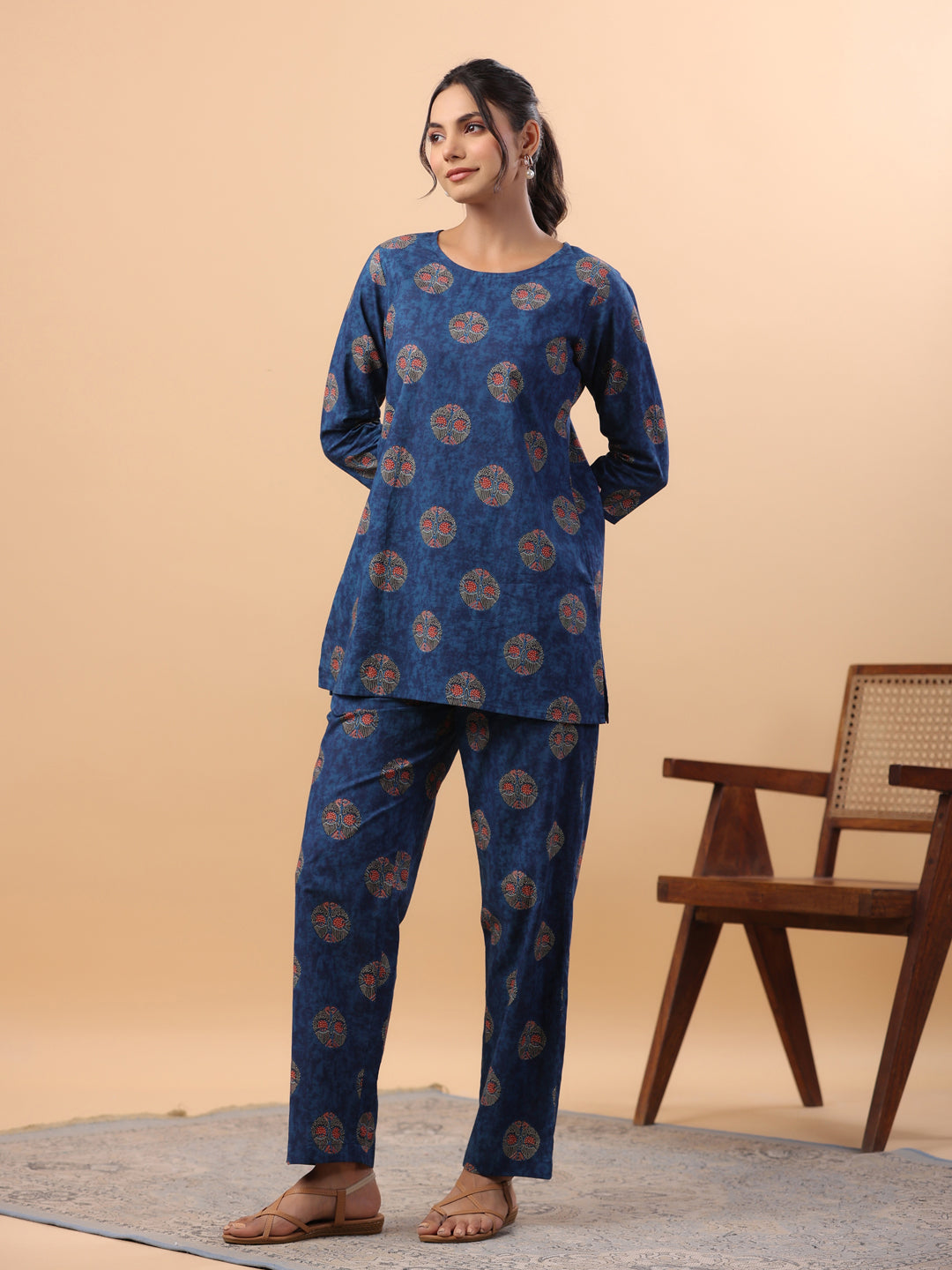 Janasya Straight Cambric Blue Tribal Round Neck Co-Ords - Swadesiicart