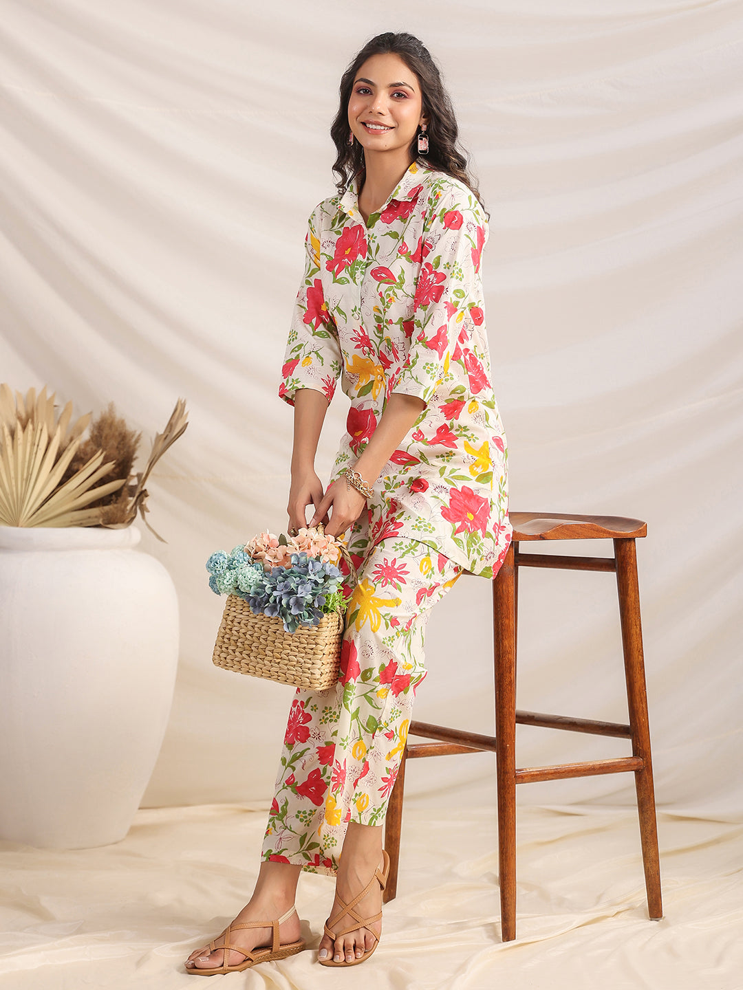 Janasya Straight Cambric Off White Floral Shirt Collar Co-Ords - Swadesiicart