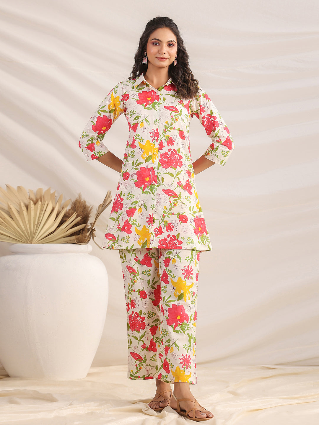 Janasya Straight Cambric Off White Floral Shirt Collar Co-Ords - Swadesiicart