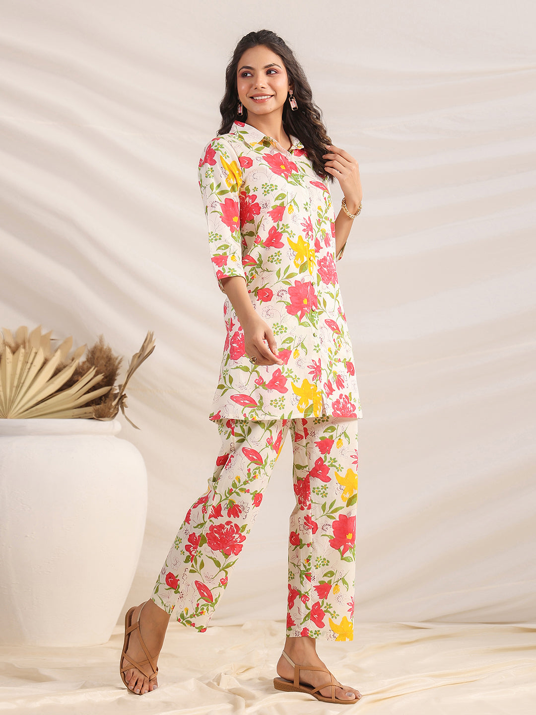 Janasya Straight Cambric Off White Floral Shirt Collar Co-Ords - Swadesiicart