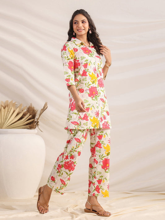 Janasya Straight Cambric Off White Floral Shirt Collar Co-Ords - Swadesiicart