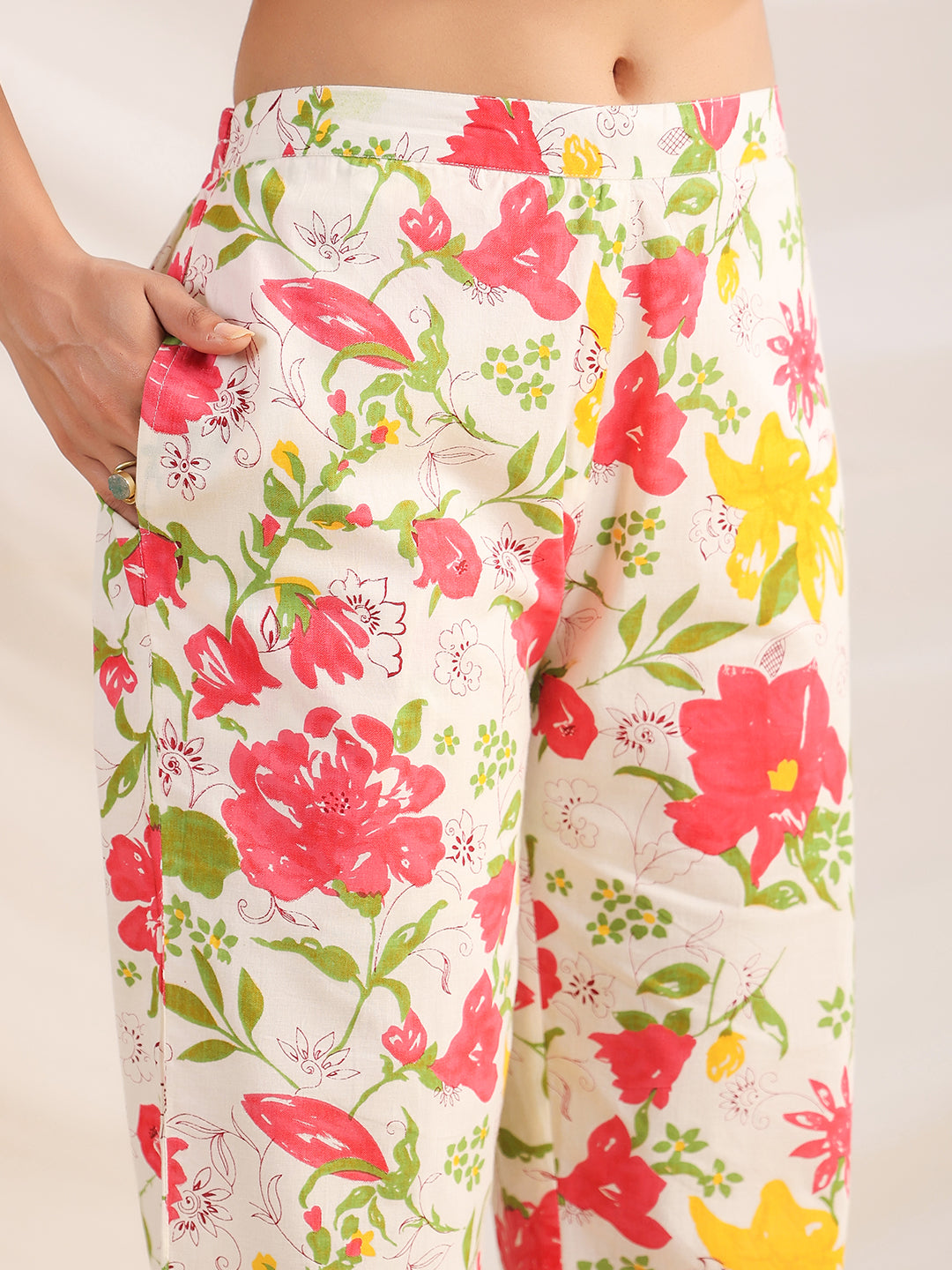 Janasya Straight Cambric Off White Floral Shirt Collar Co-Ords - Swadesiicart