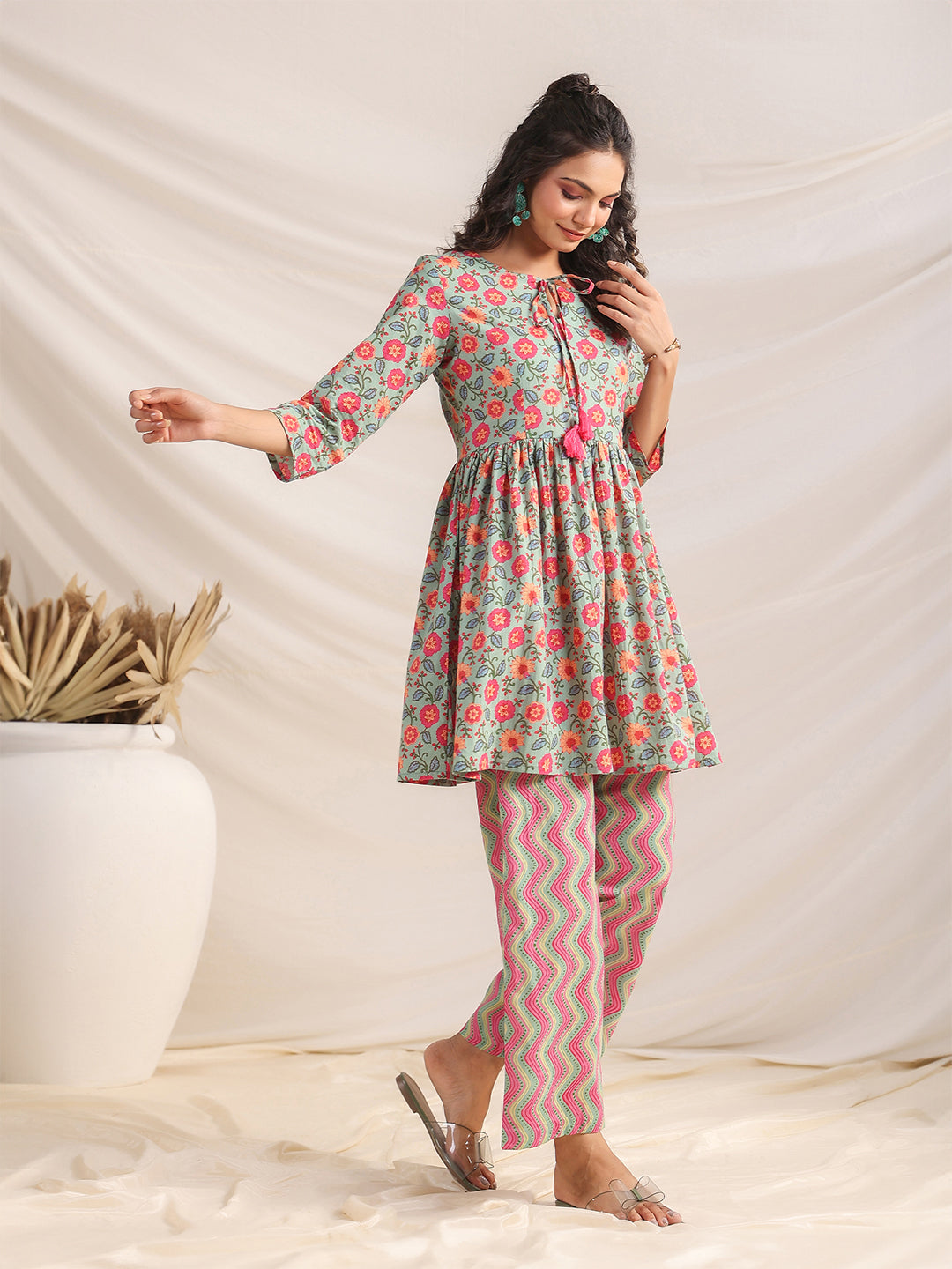 Janasya Sage Cambric Floral Co-Ords - Swadesiicart