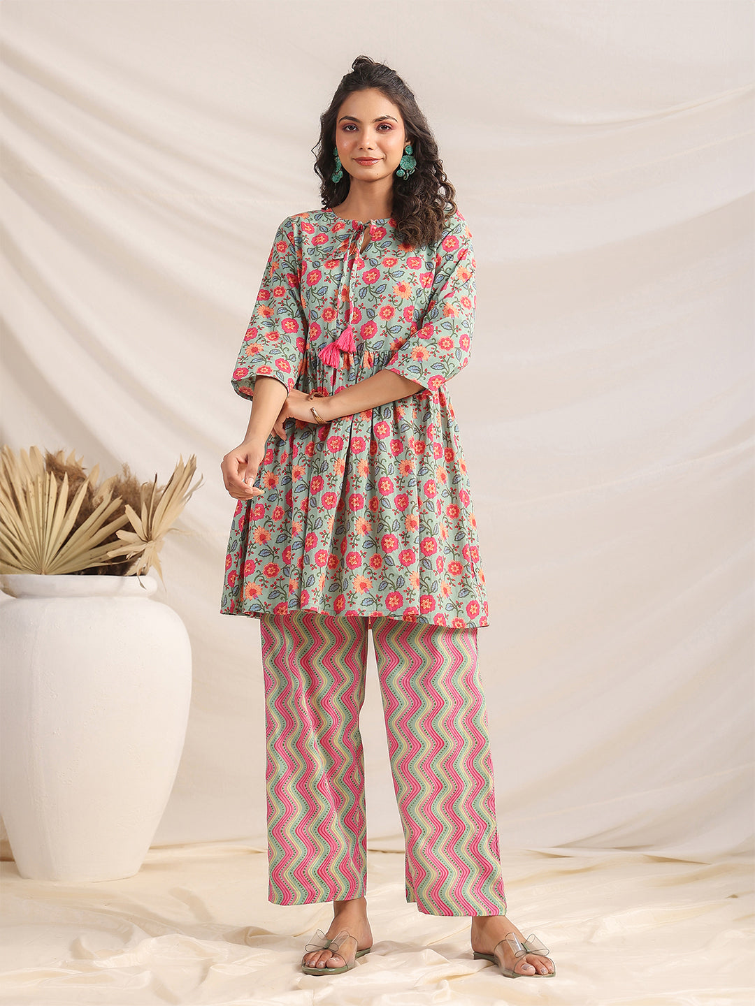 Janasya Sage Cambric Floral Co-Ords - Swadesiicart