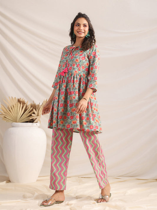 Janasya Sage Cambric Floral Co-Ords - Swadesiicart