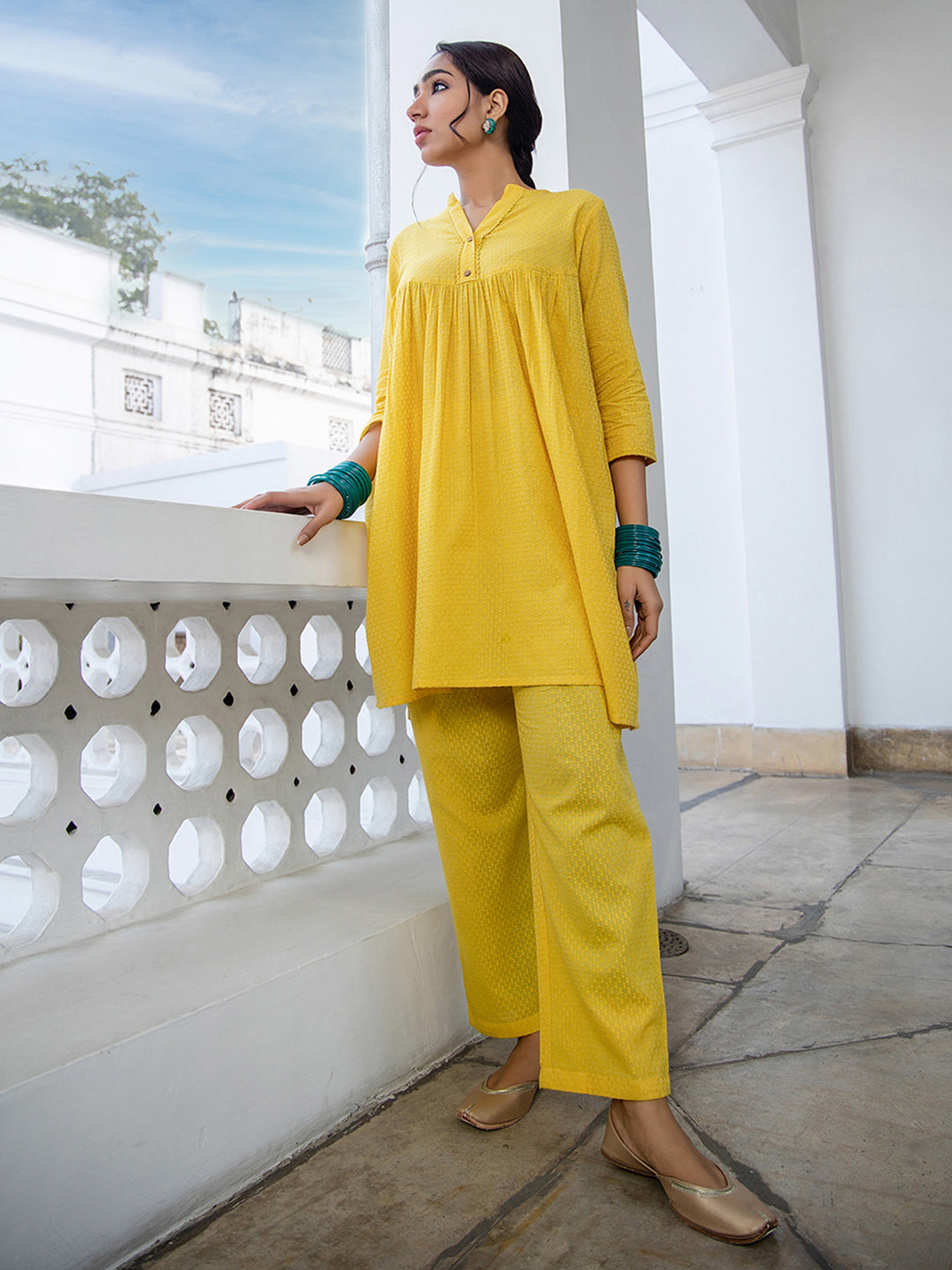 Janasya Gathered Jacquard Yellow Self Design Band Collar Co-Ords - Swadesiicart