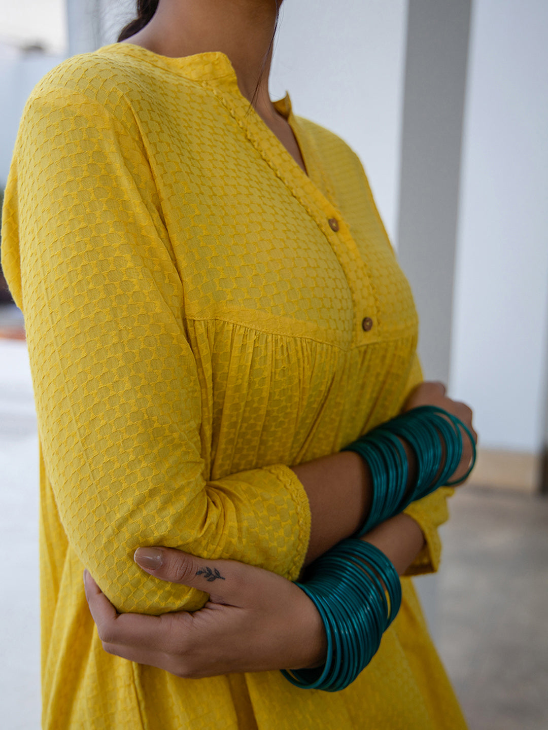 Janasya Gathered Jacquard Yellow Self Design Band Collar Co-Ords - Swadesiicart