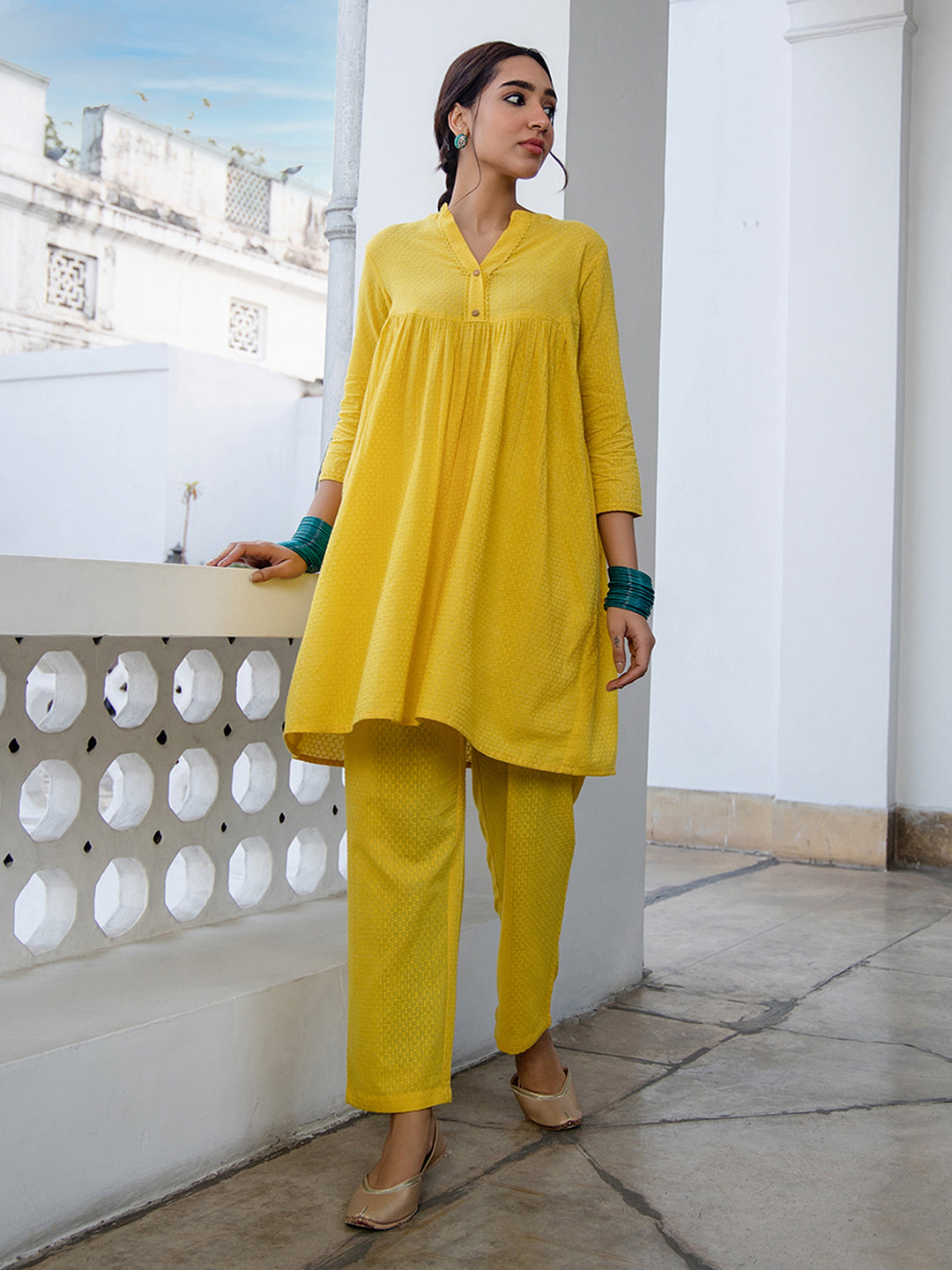 Janasya Gathered Jacquard Yellow Self Design Band Collar Co-Ords - Swadesiicart
