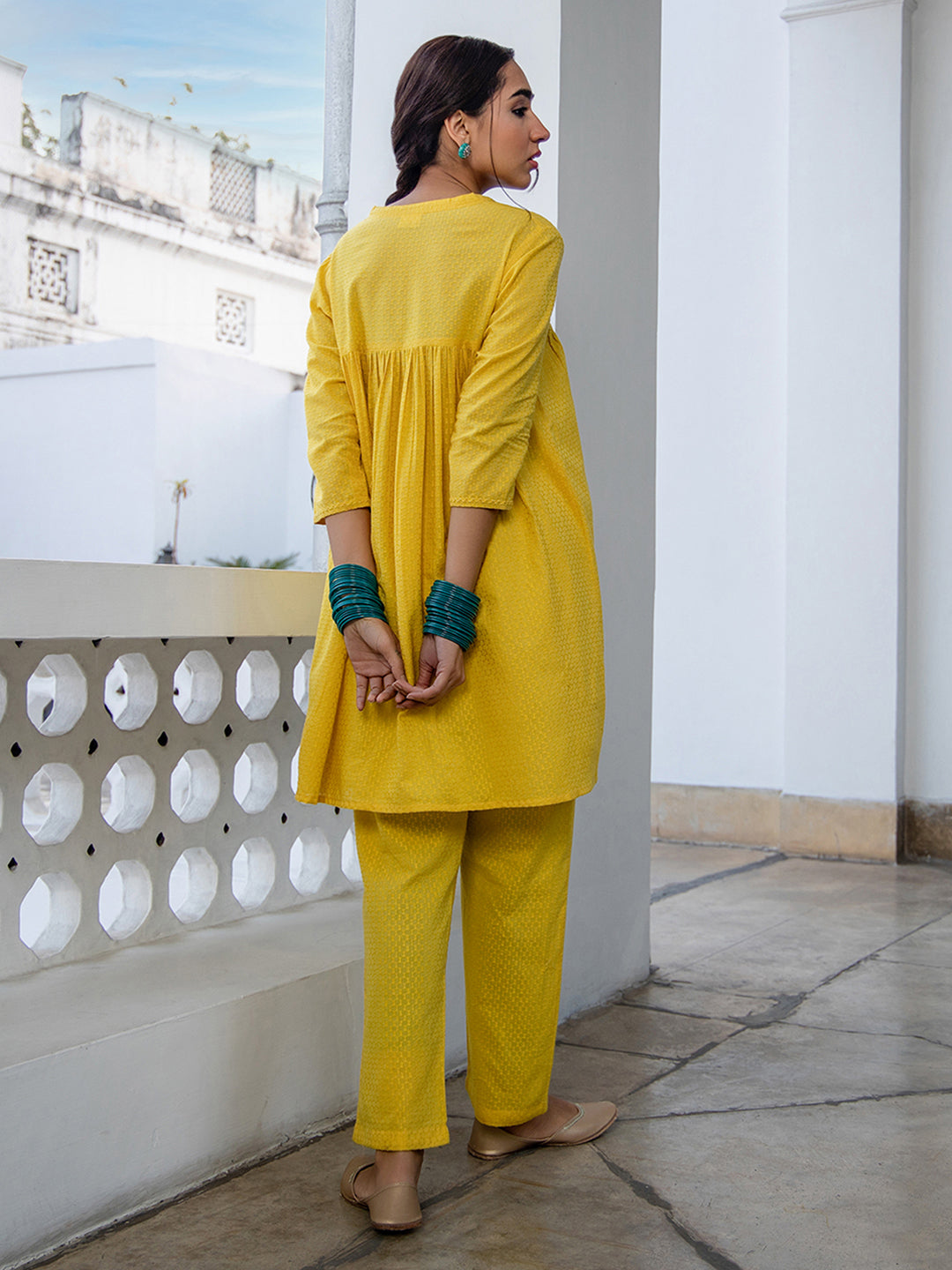 Janasya Gathered Jacquard Yellow Self Design Band Collar Co-Ords - Swadesiicart