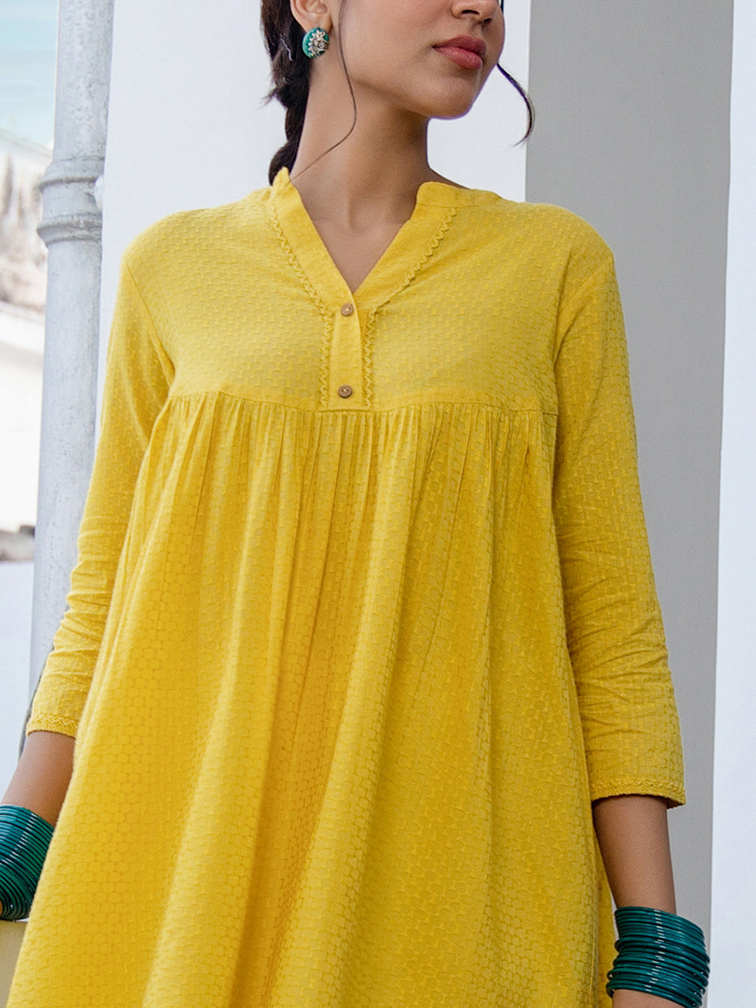 Janasya Gathered Jacquard Yellow Self Design Band Collar Co-Ords - Swadesiicart
