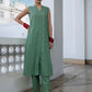 Janasya Straight Jacquard Sage Self Design V-Neck with Band Collar Kurta & Bottom - Swadesiicart