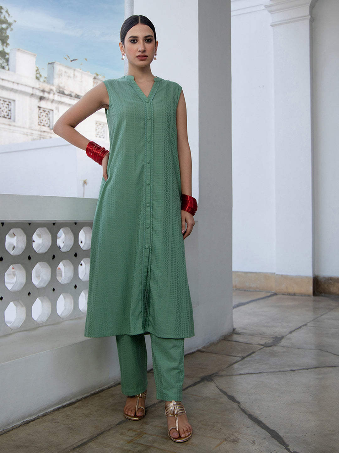 Janasya Straight Jacquard Sage Self Design V-Neck with Band Collar Kurta & Bottom - Swadesiicart