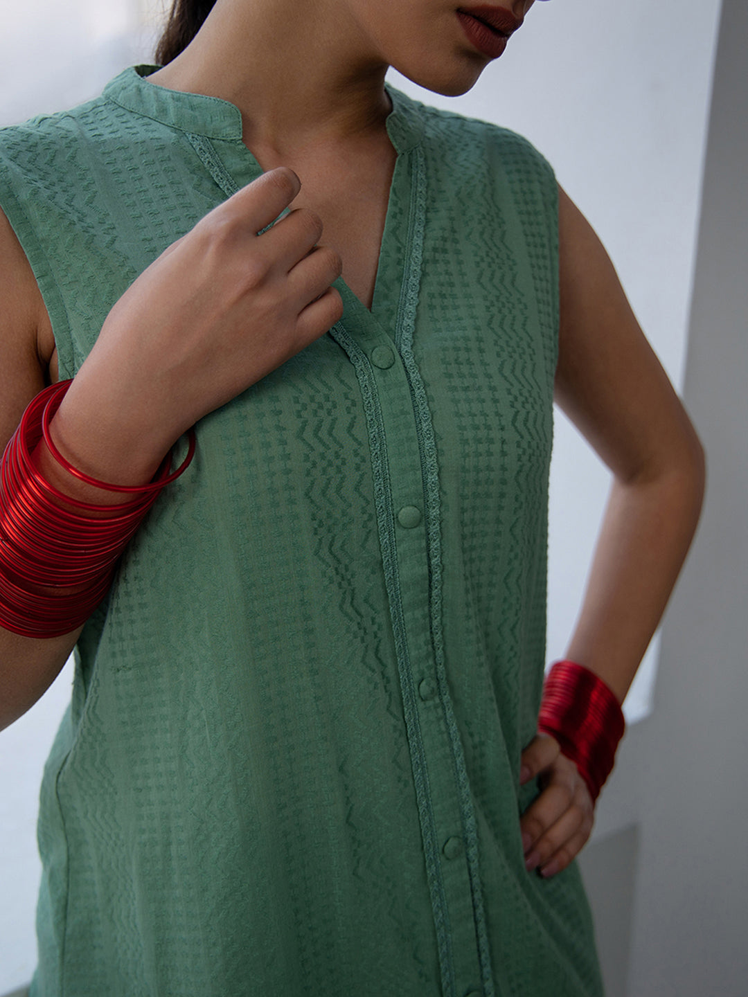 Janasya Straight Jacquard Sage Self Design V-Neck with Band Collar Kurta & Bottom - Swadesiicart
