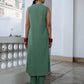 Janasya Straight Jacquard Sage Self Design V-Neck with Band Collar Kurta & Bottom - Swadesiicart