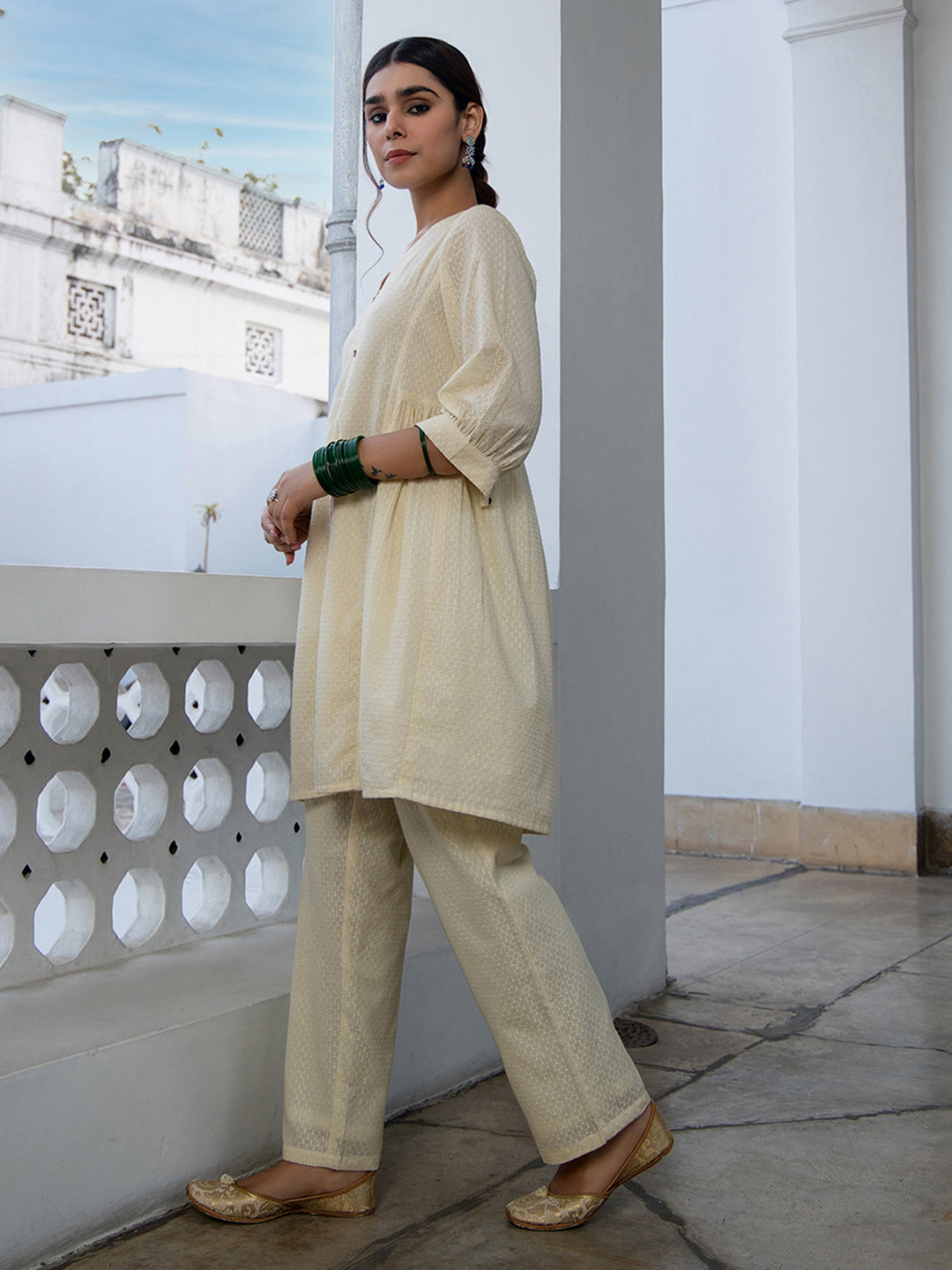 Janasya Cream Dobby Cotton Self Design Tunic & Bottom | Swadesiicart