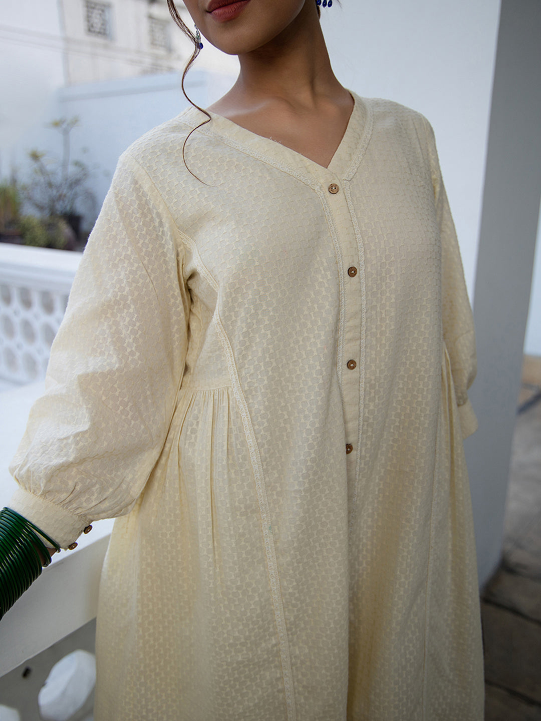 Janasya Cream Dobby Cotton Self Design Tunic & Bottom | Swadesiicart