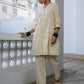 Janasya A-Line Dobby Cotton Cream Self Design V-Neck Tunic & Bottom | Swadesiicart