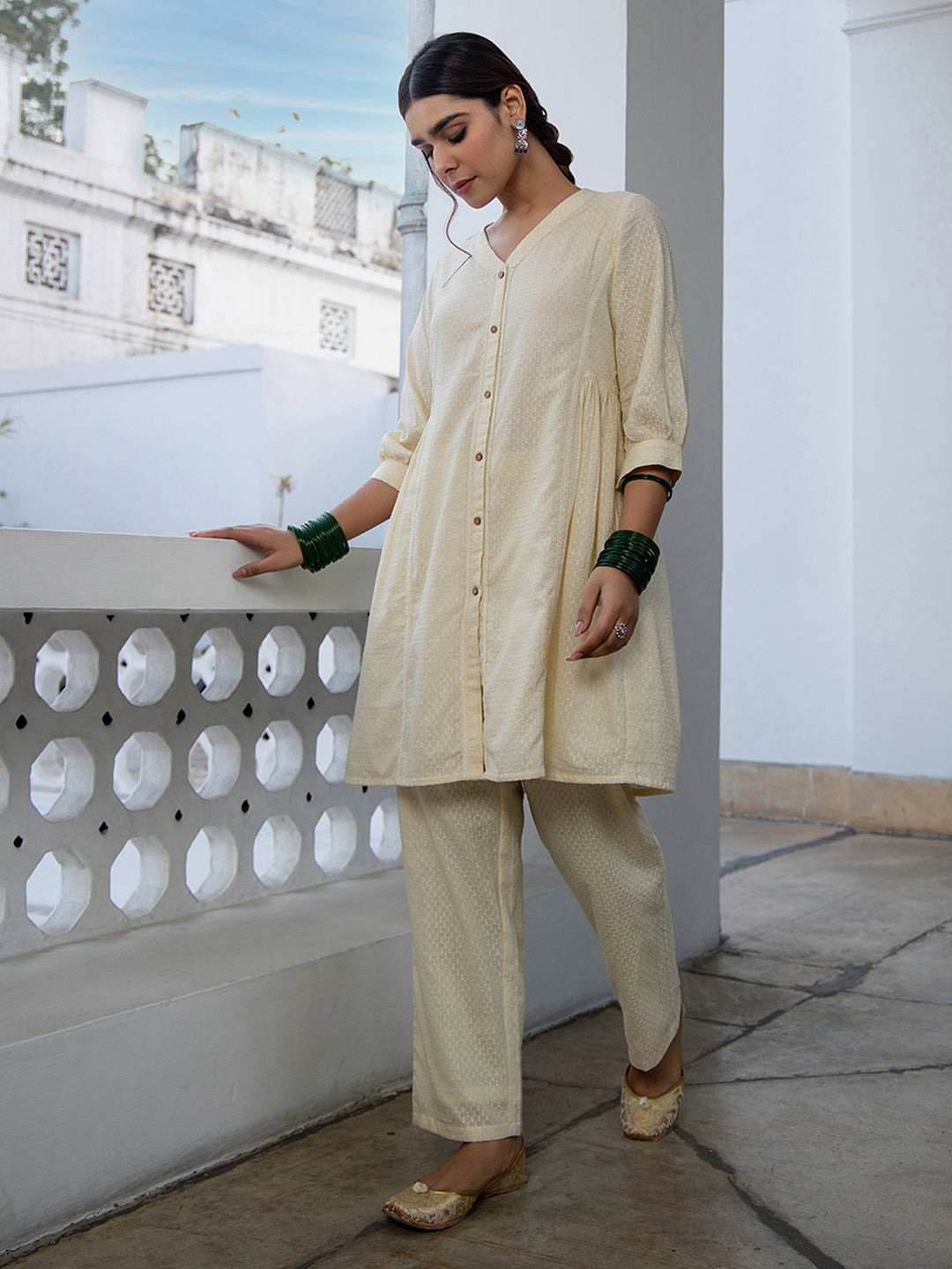 Janasya A-Line Dobby Cotton Cream Self Design V-Neck Tunic & Bottom | Swadesiicart