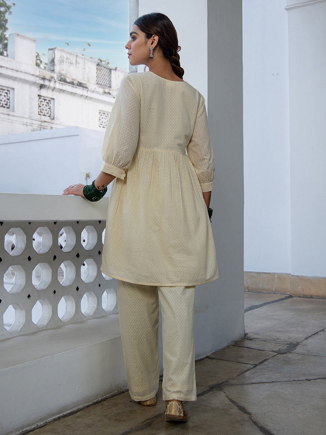 Janasya A-Line Dobby Cotton Cream Self Design V-Neck Tunic & Bottom | Swadesiicart