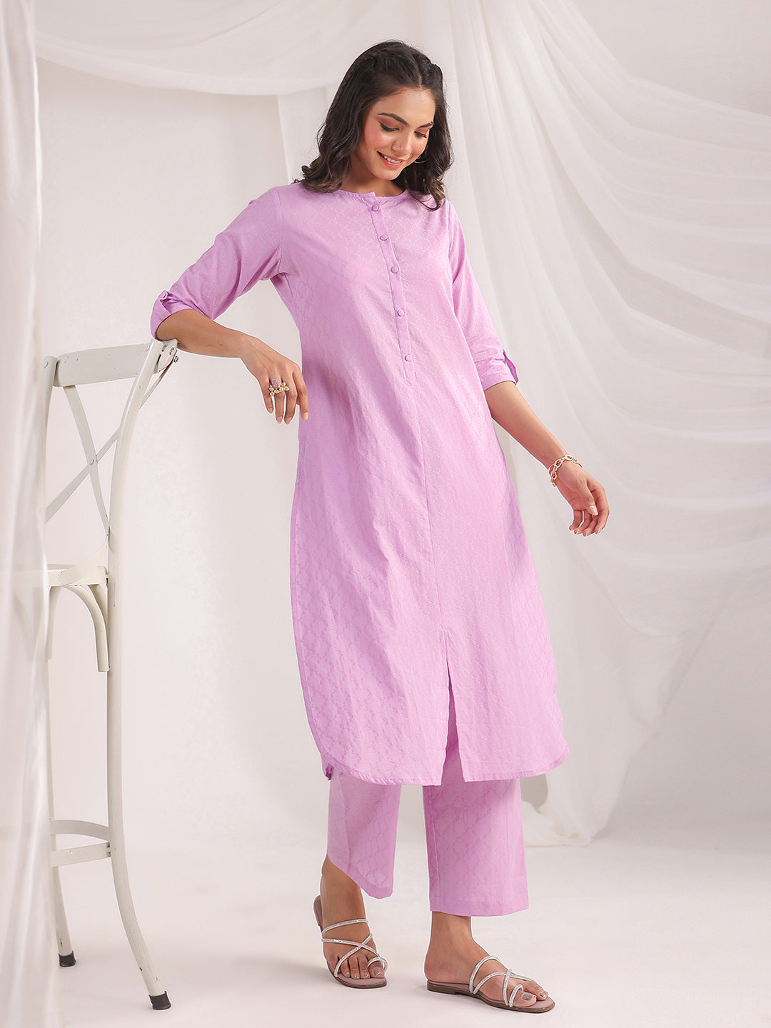 Janasya Straight Jacquard Lavender Self Design Round Neck Co-Ords - Swadesiicart