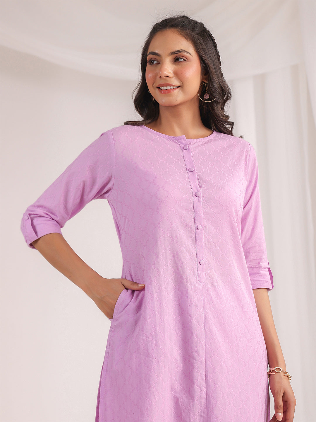 Janasya Straight Jacquard Lavender Self Design Round Neck Co-Ords - Swadesiicart