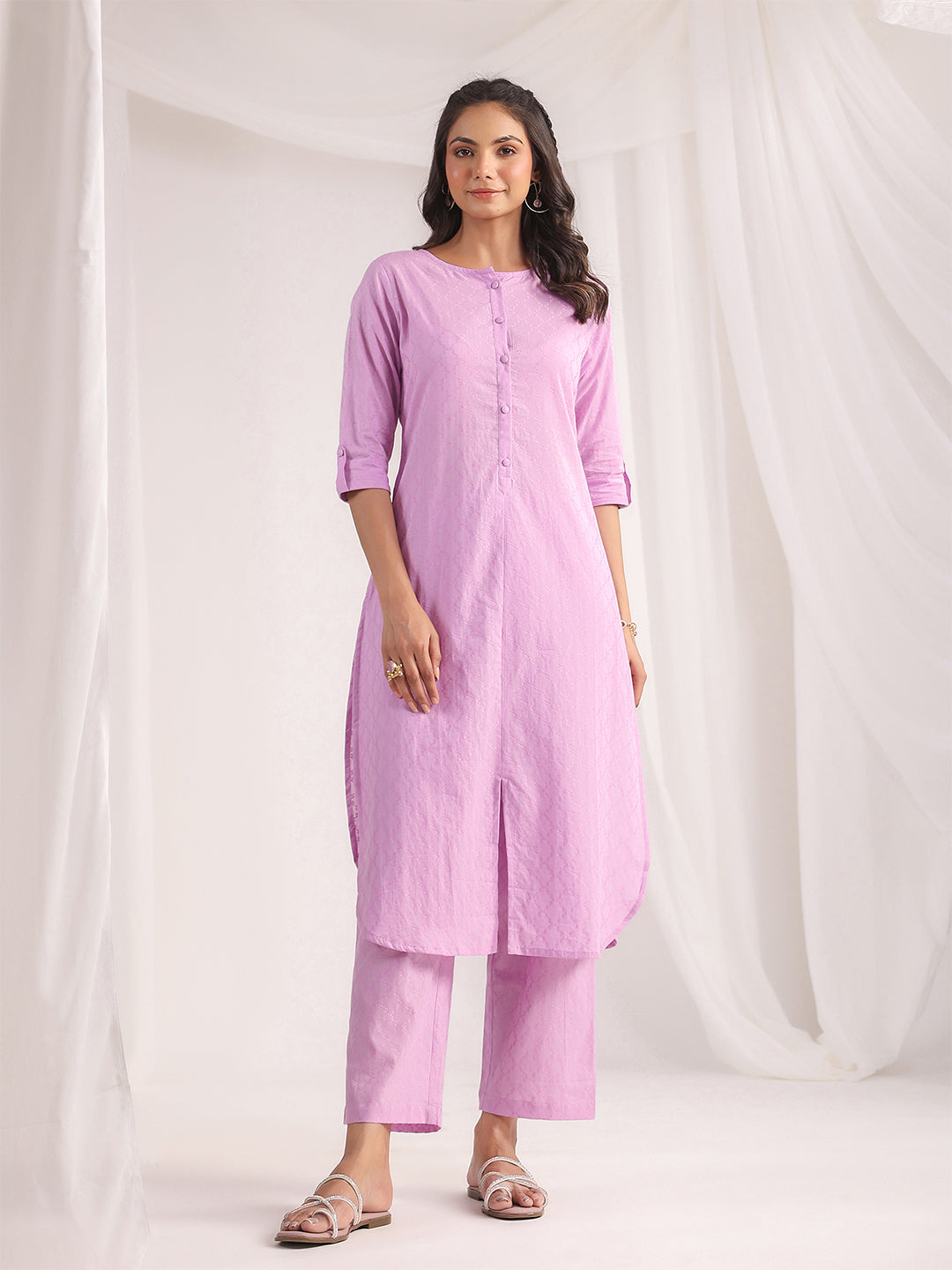 Janasya Straight Jacquard Lavender Self Design Round Neck Co-Ords - Swadesiicart