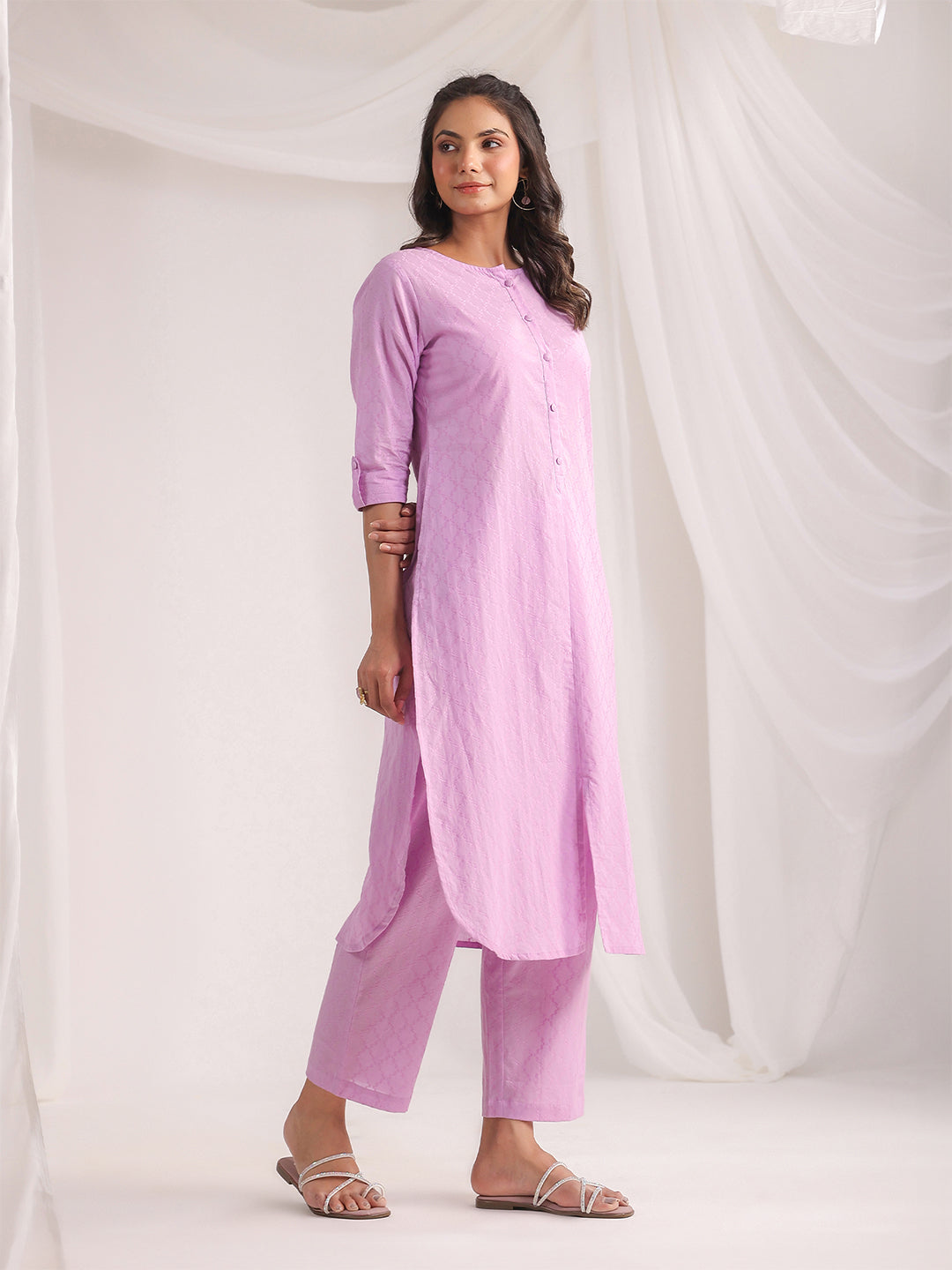 Janasya Straight Jacquard Lavender Self Design Round Neck Co-Ords - Swadesiicart
