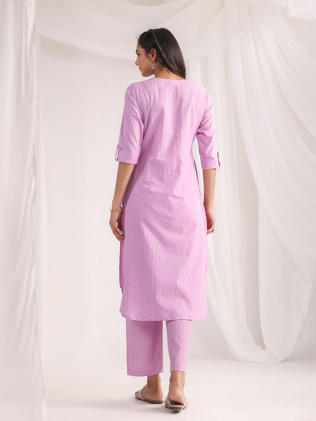 Janasya Straight Jacquard Lavender Self Design Round Neck Co-Ords - Swadesiicart