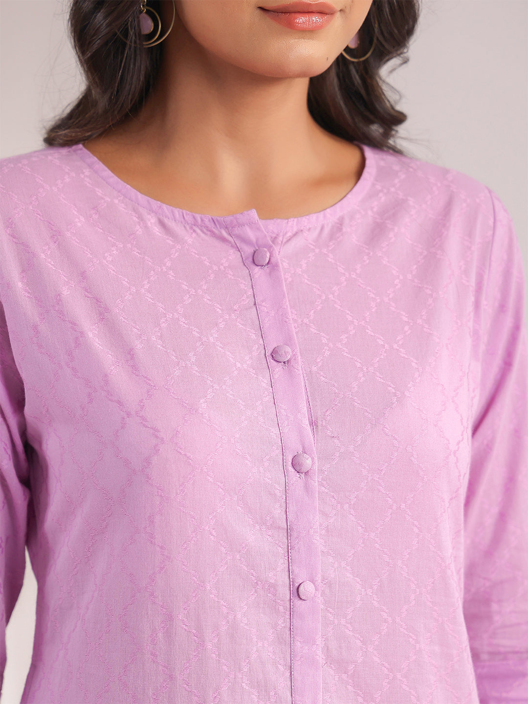 Janasya Straight Jacquard Lavender Self Design Round Neck Co-Ords - Swadesiicart