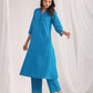 Janasya A-Line Jacquard Teal Solid Band Collar Co-Ords - Swadesiicart