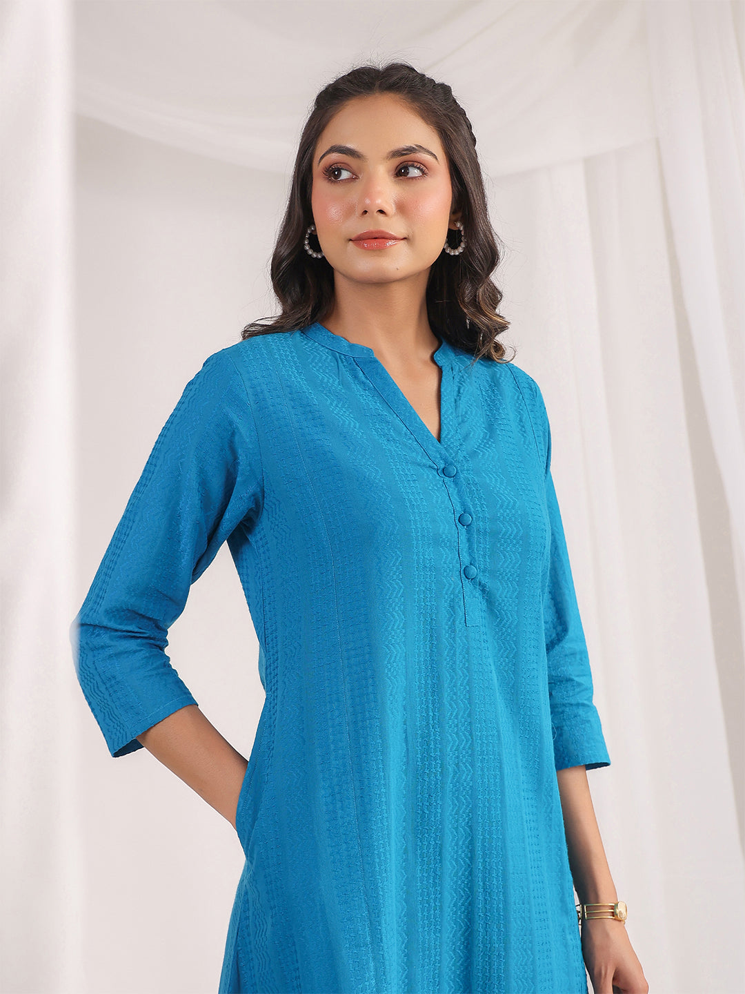 Janasya A-Line Jacquard Teal Solid Band Collar Co-Ords - Swadesiicart