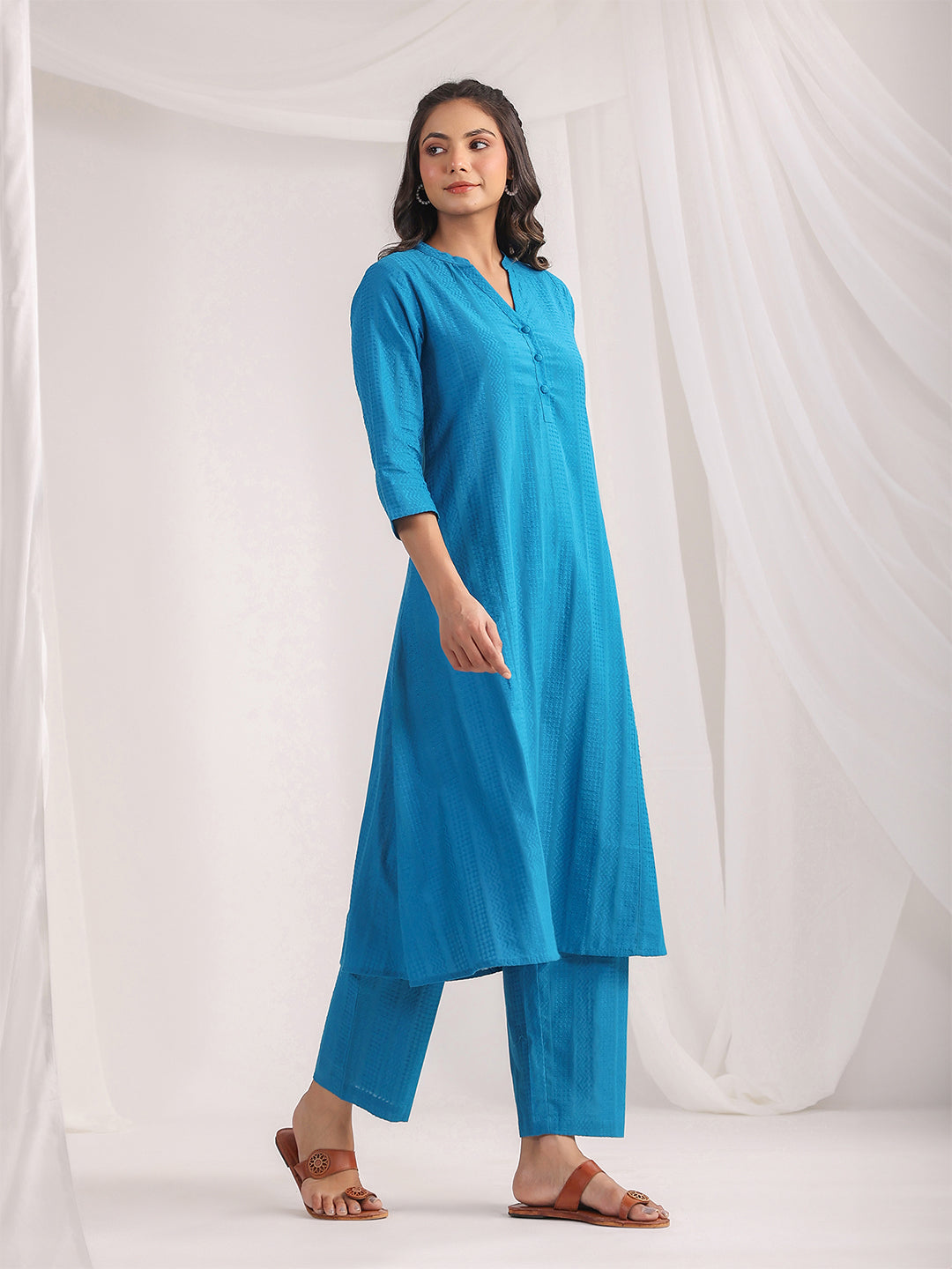 Janasya A-Line Jacquard Teal Solid Band Collar Co-Ords - Swadesiicart