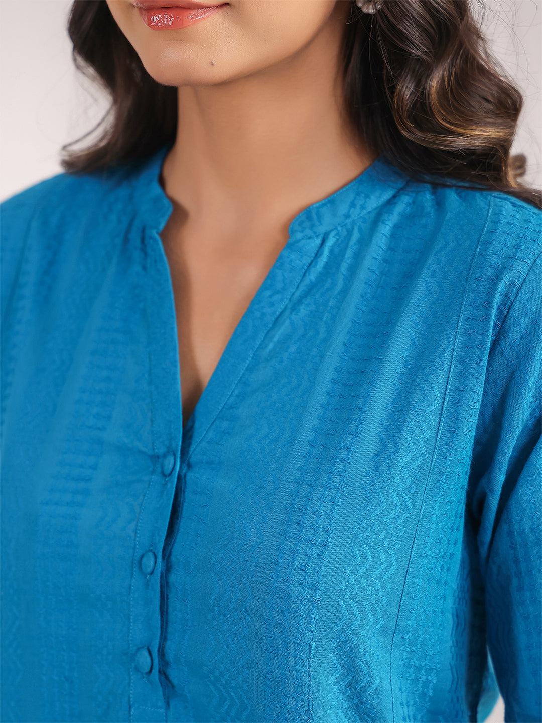 Janasya A-Line Jacquard Teal Solid Band Collar Co-Ords - Swadesiicart