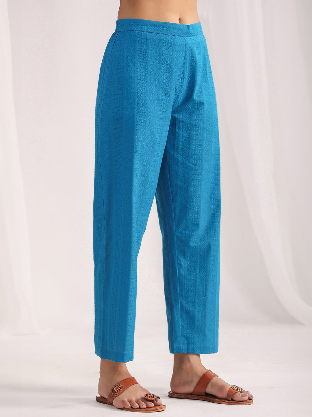 Janasya A-Line Jacquard Teal Solid Band Collar Co-Ords - Swadesiicart