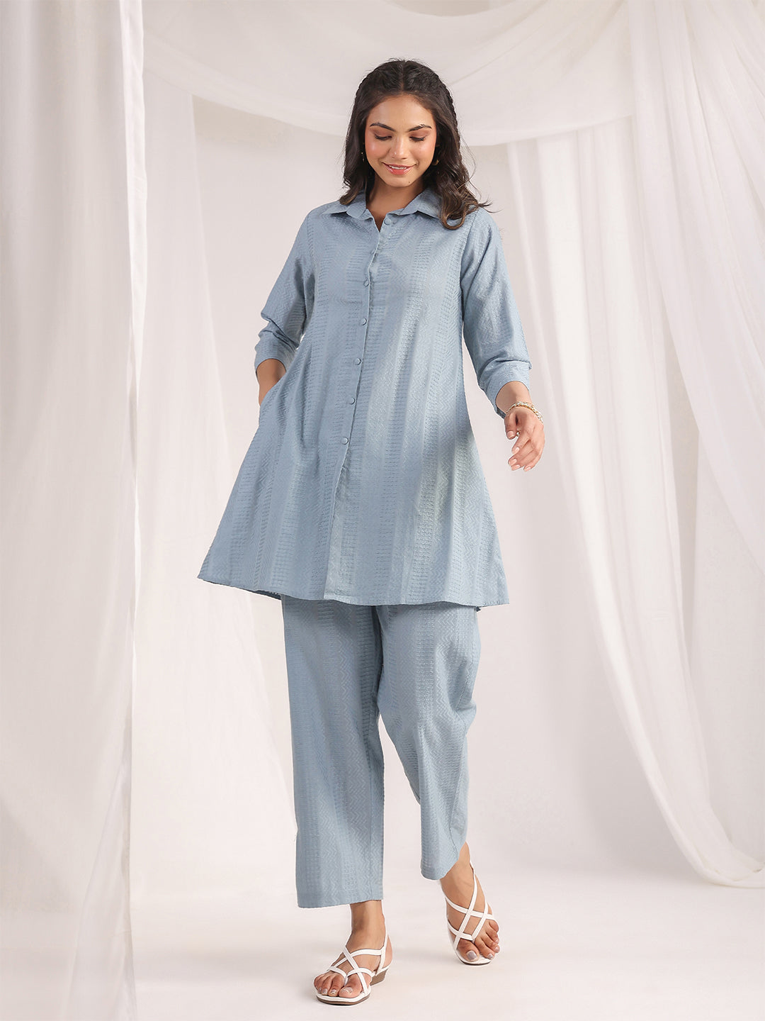 Janasya Light Jacquard Self Design Shirt Top & Bottom Set | Swadesiicart