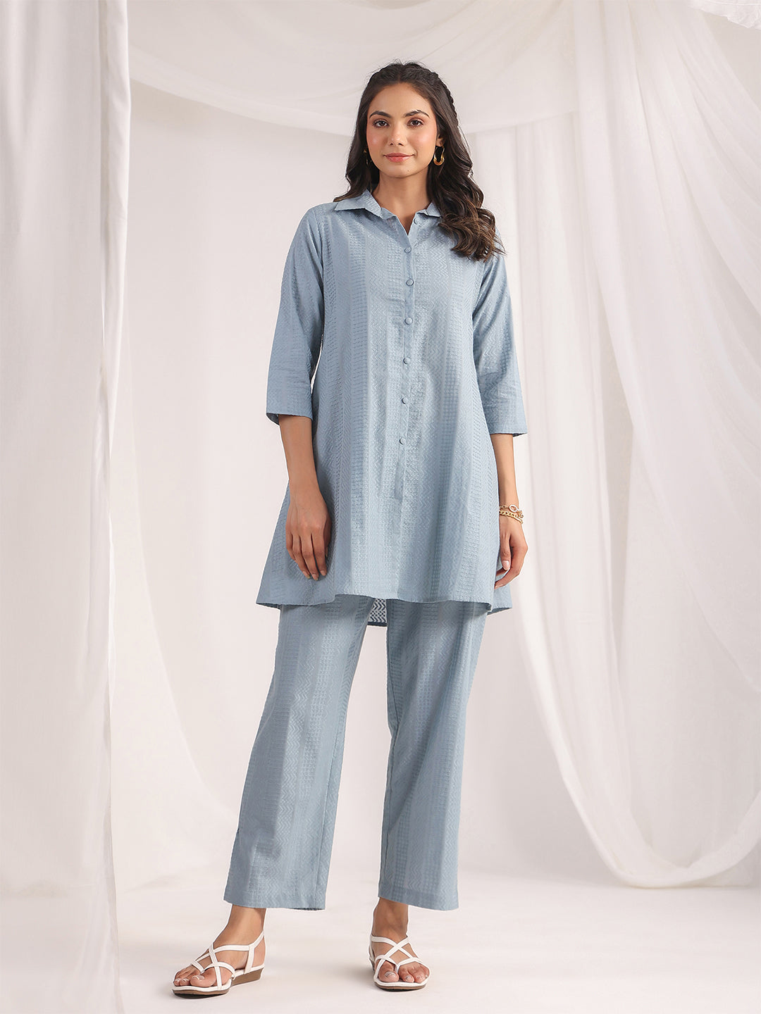 Janasya Light Jacquard Self Design Shirt Top & Bottom Set | Swadesiicart